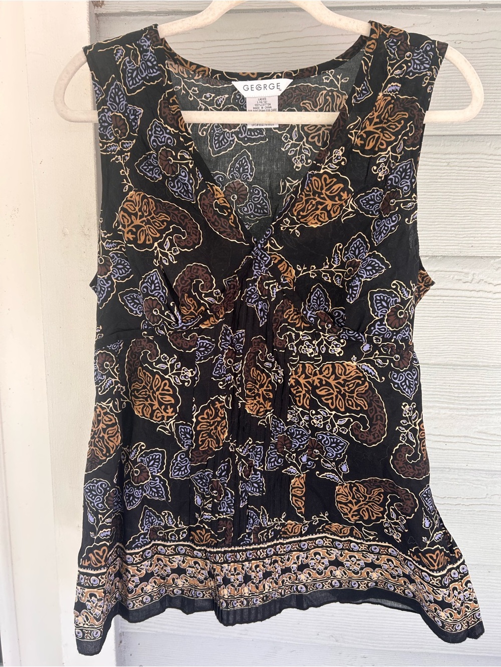 George Black Paisley Sleeveless V-Neck Tank Top L Boho Cotton Top Peasant Y2K